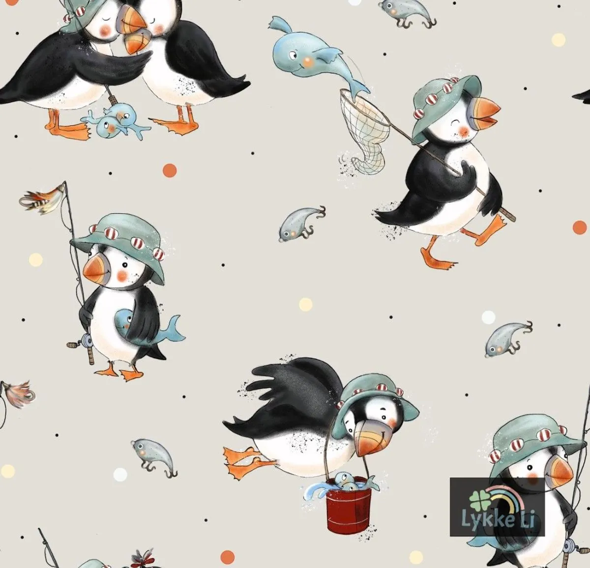 Lundefugl på fisketur , lys - Jersey - Metervare